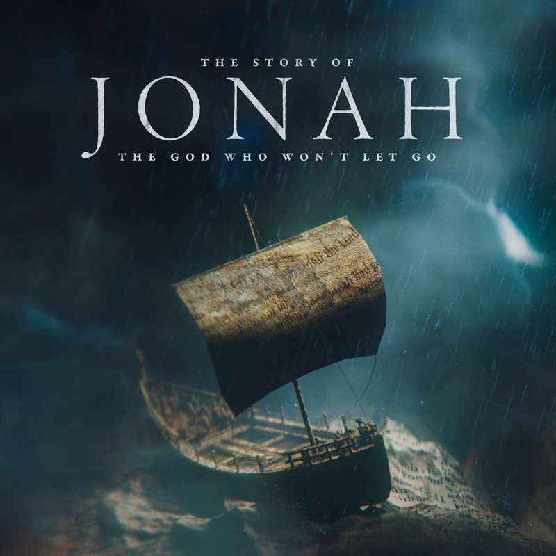 A graphic depicting a small ship on a stormy sea. The sail and waves are made of pages with text, under the title 'The Story of Jonah.'